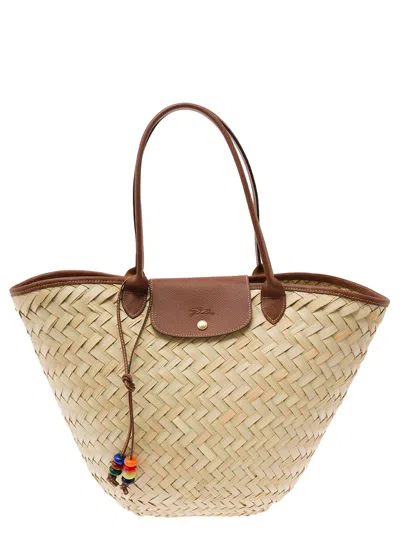 Shop Longchamp 'xl Le Panier' Beige Tote Bag With Beads Strap In Straw Woman