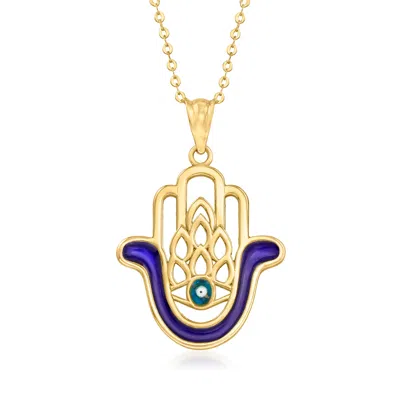 Canaria Fine Jewelry Canaria 10kt Yellow Gold Hamsa Hand Pendant Necklace With Blue Enamel In Blue