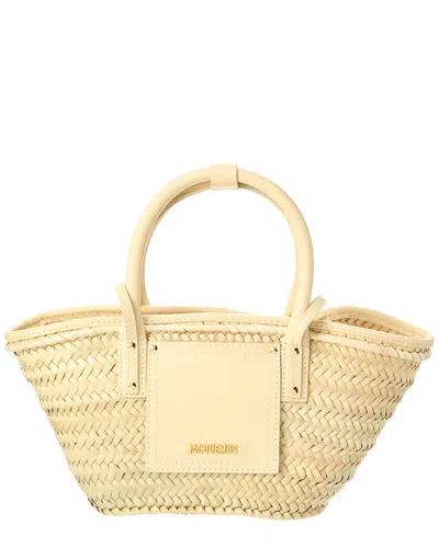 Shop Jacquemus Le Petit Panier Soli Straw & Leather Tote In White