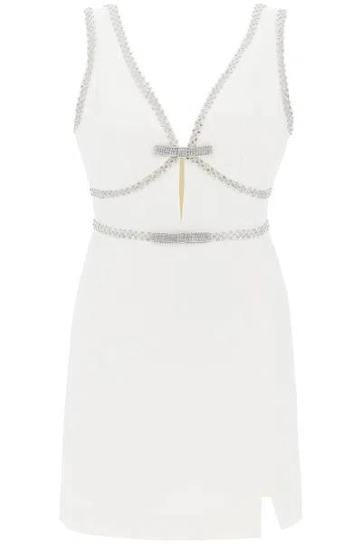 Shop Self-portrait "mini Dress With Crystal Trimmings In White