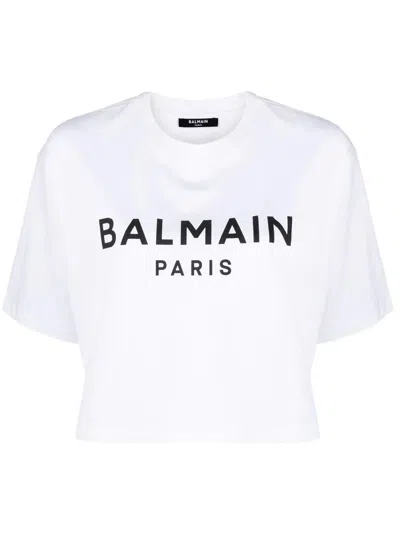Shop Balmain Cropped T-shirt With Print In White