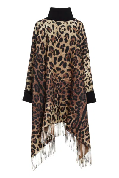 Dolce & Gabbana Leopard-print Fringed Poncho In Black