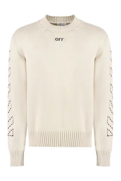 Shop Off-white Cotton Blend Crew-neck Sweater In Beige