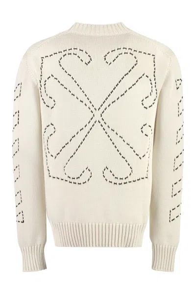 Shop Off-white Cotton Blend Crew-neck Sweater In Beige