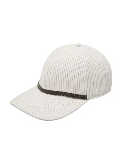 Shop Brunello Cucinelli White Baseball Cap With Monile Detail In Linen And Cotton Woman