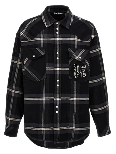 Shop Palm Angels 'monogram Check' Overshirt In Gray