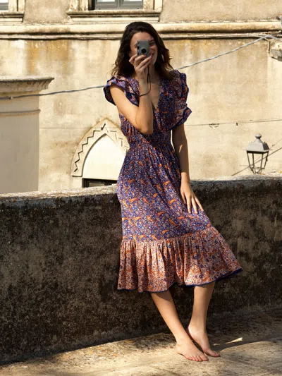 French Connection Anathia Blaire Frill Midi Dress Royal Blue-peach In Blue