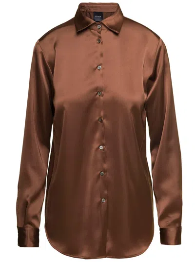 Shop Plain Brown Long-sleeved Blouse And Button Fastening In Satin Woman