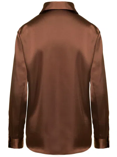 Shop Plain Brown Long-sleeved Blouse And Button Fastening In Satin Woman