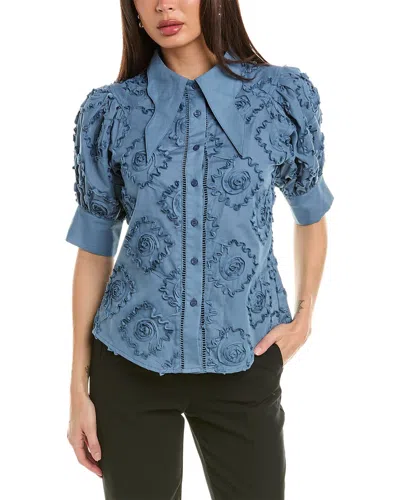 Shop Gracia Flower Design Wing Collar Button-down Shirt In Blue