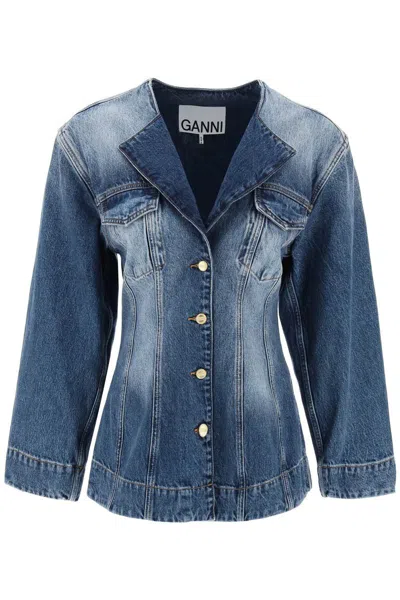 Shop Ganni "denim Blazer With Sparkle In Blue