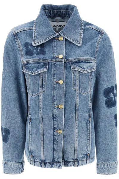Shop Ganni Denim Jacket With Patch Detail In Blue