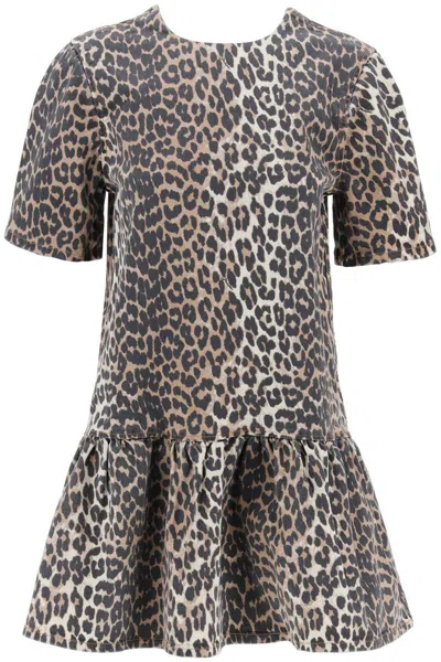 Shop Ganni Leopard Print Denim Mini Dress In Multicolor