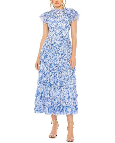 Shop Mac Duggal High Neck Ruffle Sleeve Floral Dress In Blue