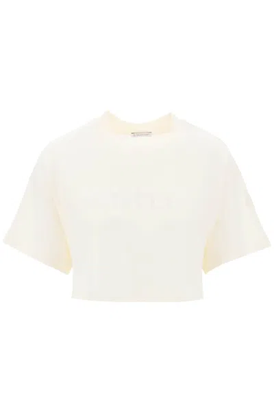 Shop Moncler Cropped T-shirt With Sequin Logo Women In Multicolor