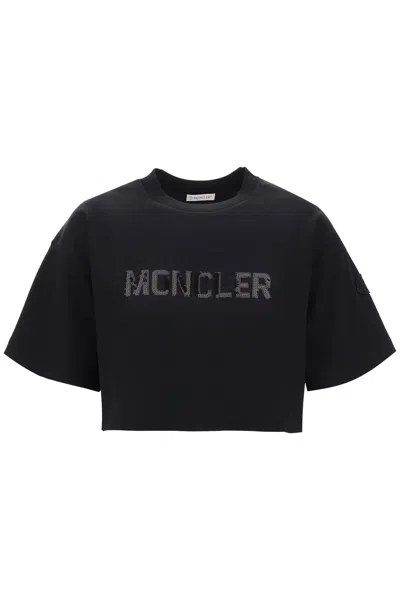 Shop Moncler Cropped T-shirt With Sequin Logo Women In Black