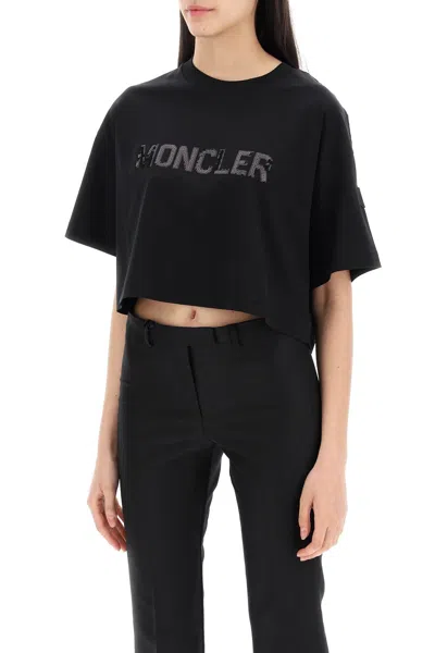 Shop Moncler Cropped T-shirt With Sequin Logo Women In Black
