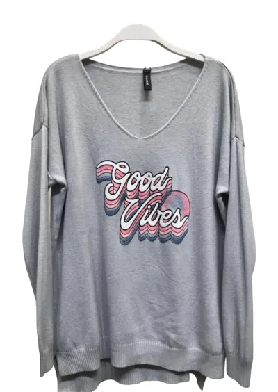 Venti6 Good Vibes V Neck Long Sleeve Sweater Knit Top In Grey In Grey