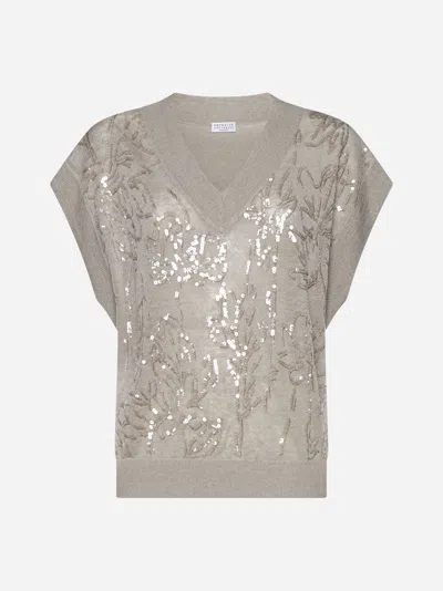 Shop Brunello Cucinelli Sequined Linen-blend Sweater In Light Grey