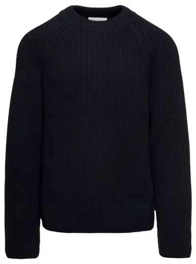 Shop Ami Alexandre Mattiussi Dark Blue Crewneck Ribbed Sweater With Tonal Logo Patch In Wool And Cotton Man