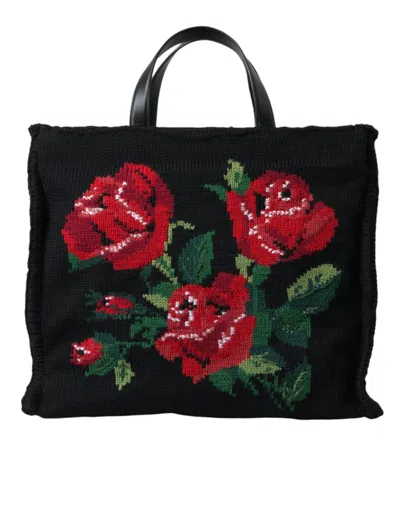 Dolce & Gabbana Black Cashmere Rose Embroidery Shopping Tote Bag In Black
