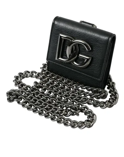 Shop Dolce & Gabbana Black Lamb Leather Logo Card Holder Chain Strap Bags