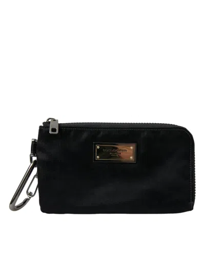 Shop Dolce & Gabbana Black Nylon Logo Plaque Keyring Pouch Clutch Bags