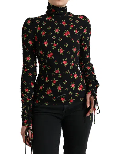 Dolce & Gabbana Black Rose Print Turtle Neck Blouse Top In Black