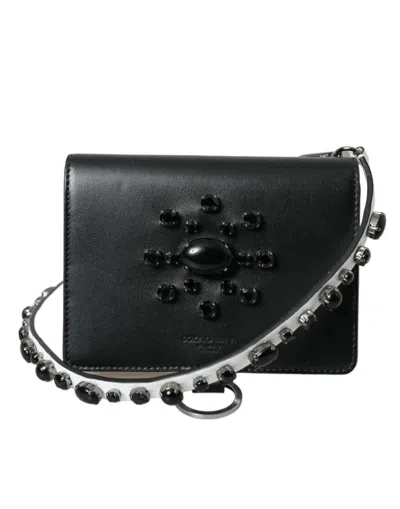 Dolce & Gabbana Black White Leather Crystal Embellished Cardholder Wallet In Black