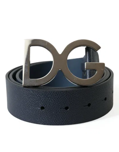 Shop Dolce & Gabbana Blue Leather Silver Logo Metal Buckle Belt