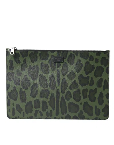 Shop Dolce & Gabbana Green Logo Patch Leopard Leather Clutch Bag