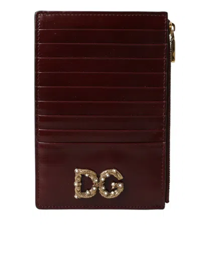Shop Dolce & Gabbana Maroon Leather Dg Amore Zip Card Holder Wallet