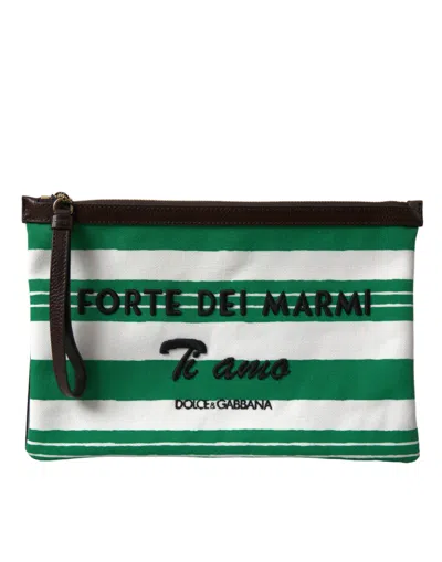 Shop Dolce & Gabbana White Green Stripes Cotton Printed Clutch Bag