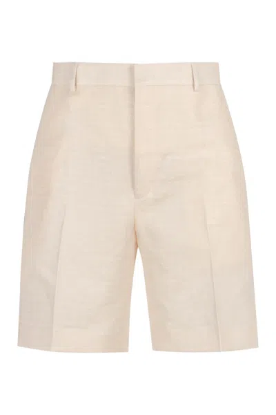 Shop Fendi Cotton And Linen Bermuda-shorts In Ivory