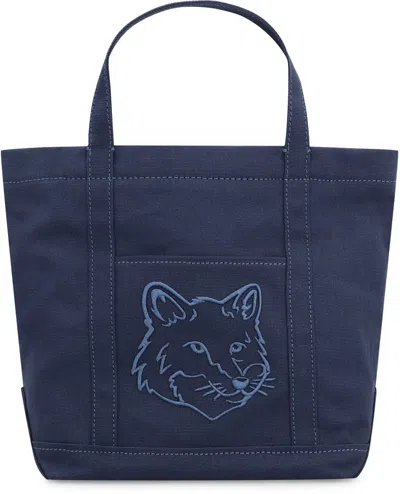 Shop Maison Kitsuné Canvas Small Tote Bag In Blue