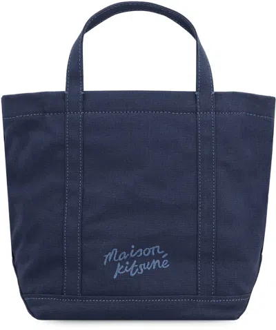 Shop Maison Kitsuné Canvas Small Tote Bag In Blue