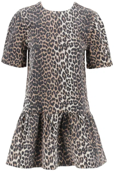 Shop Ganni Leopard Print Denim Mini Dress In Beige,black