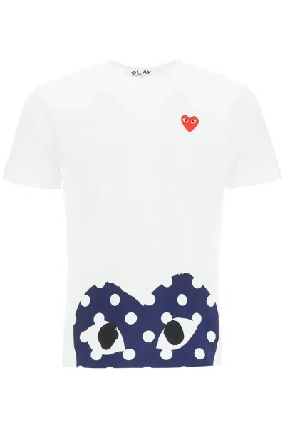 Shop Comme Des Garçons Play Comme Des Garcons Play Heart Polka Dot T Shirt In White,blue