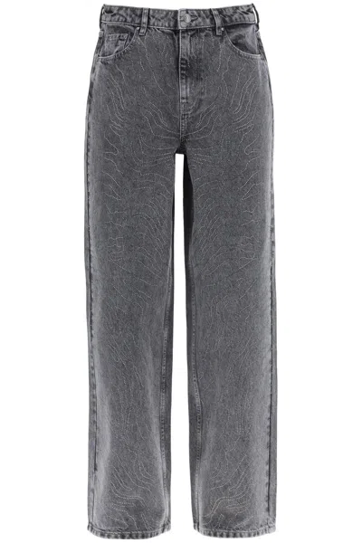 Shop Rotate Birger Christensen Rotate Wide Leg Jeans With Rhinest In Grey
