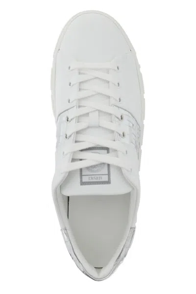 Shop Versace Greek Pattern Sneakers In Silver,white