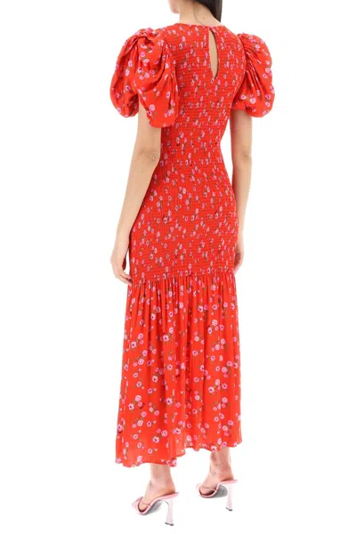 Shop Rotate Birger Christensen Rotate Floral Printed Maxi Dress With Puffed Sleeves In Satin Fabric In 红色的