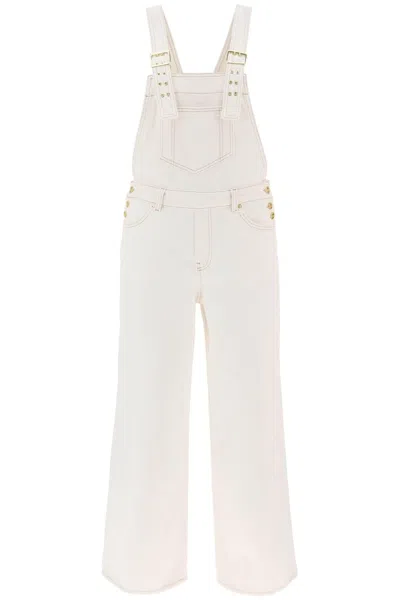 Ganni Contrast-stitching Denim Overalls In White