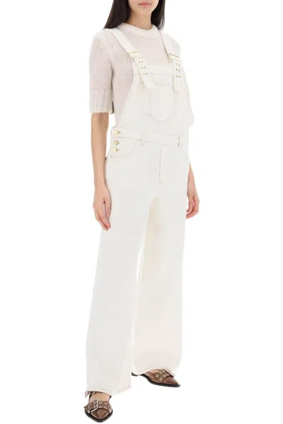 Ganni Contrast-stitching Denim Overalls In White