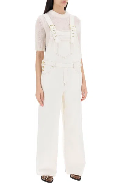 Ganni Contrast-stitching Denim Overalls In White