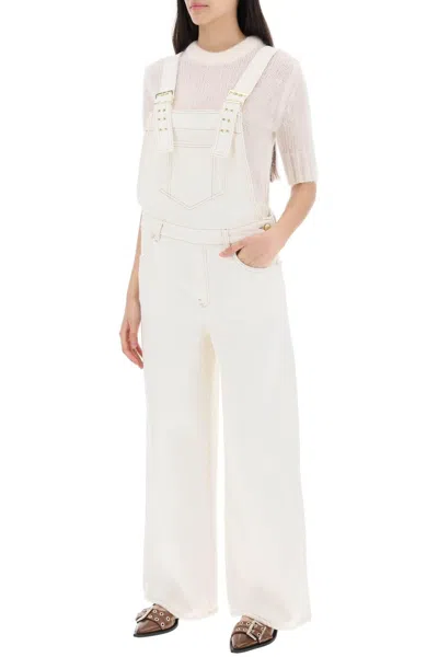 Ganni Contrast-stitching Denim Overalls In White