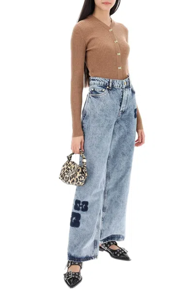 Shop Ganni Wide Leg Izey Jeans With Contrasting Details In Blue