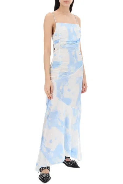 Shop Ganni Maxi Printed Tie Dye Satin Dress With R In White,light Blue