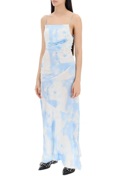Shop Ganni Maxi Printed Tie Dye Satin Dress With R In White,light Blue