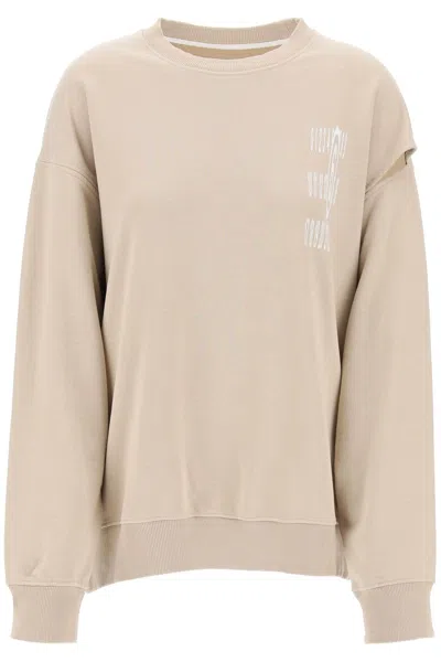 Shop Mm6 Maison Margiela Crewneck Sweatshirt With Side Cut In 浅褐色的