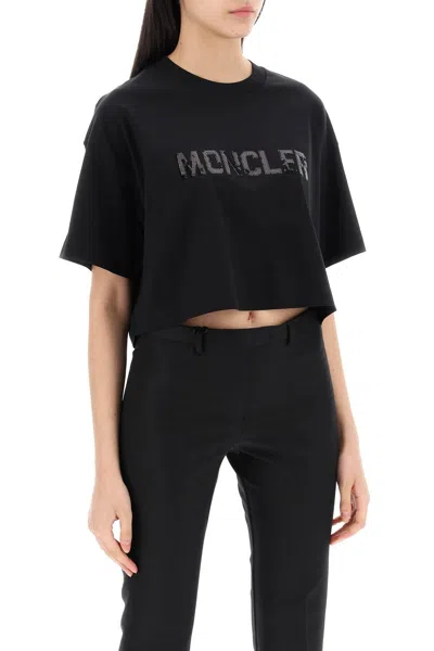Shop Moncler Cropped T Shirt With Sequin Logo In Black
